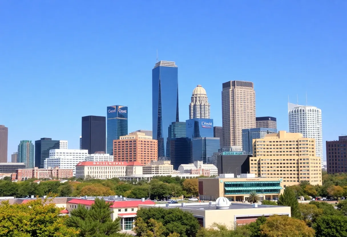 Dallas skyline with symbols of education, healthcare, and business