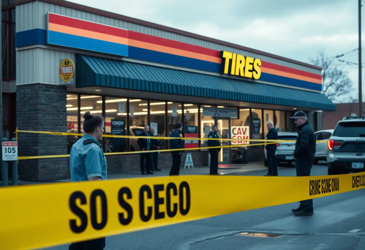 Police at the scene of a shooting outside a tire shop in Dallas.
