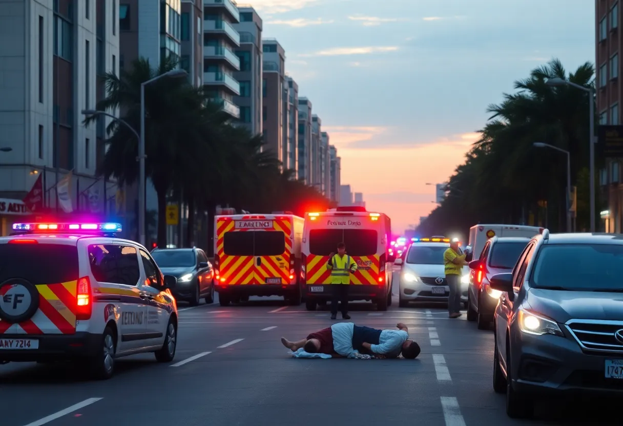 Emergency responders treating injured individuals at a traffic accident scene