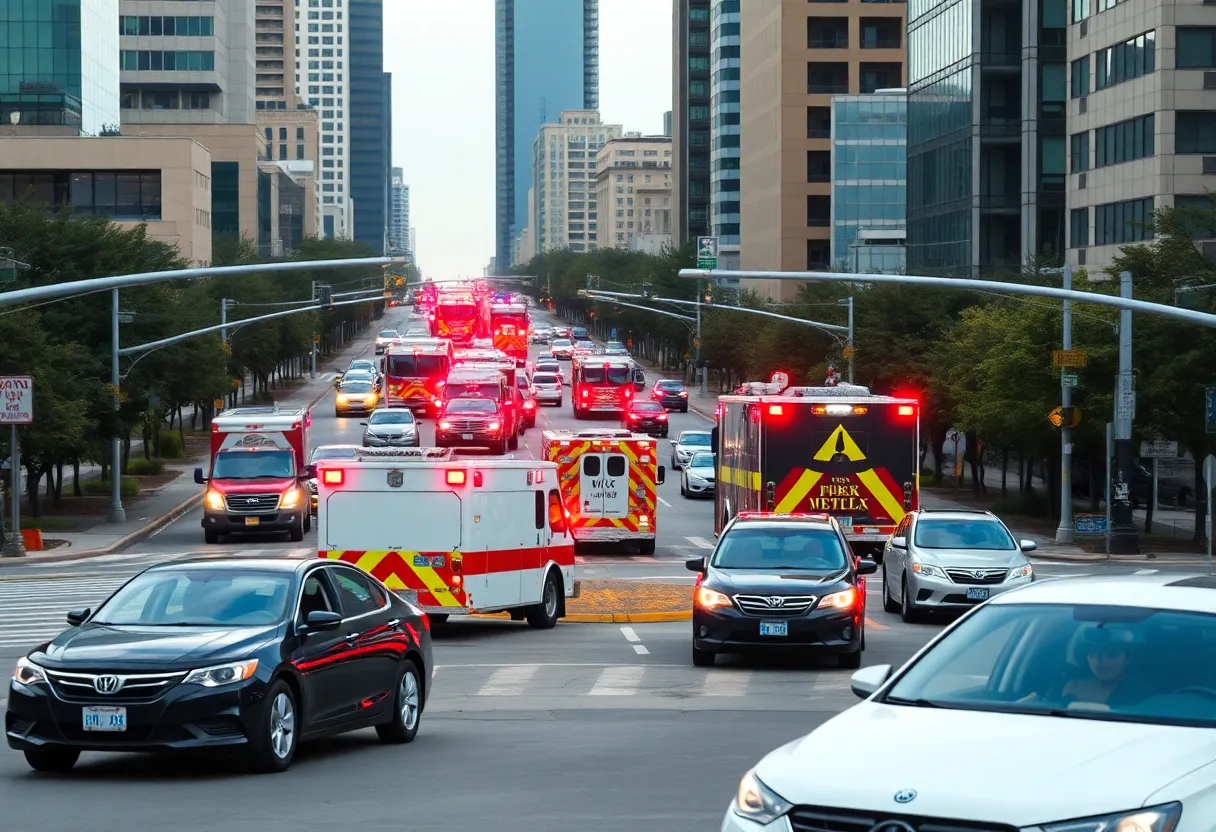 Emergency services responding to a traffic accident at North Central Expressway and Park Lane in Dallas.