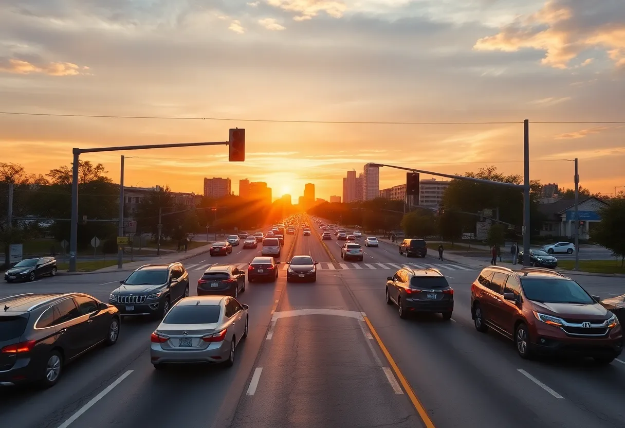 Intersection of Great Trinity Forest Way and N Jim Miller Road with traffic signage and vehicles