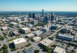 Aerial view of Dallas with new urban developments