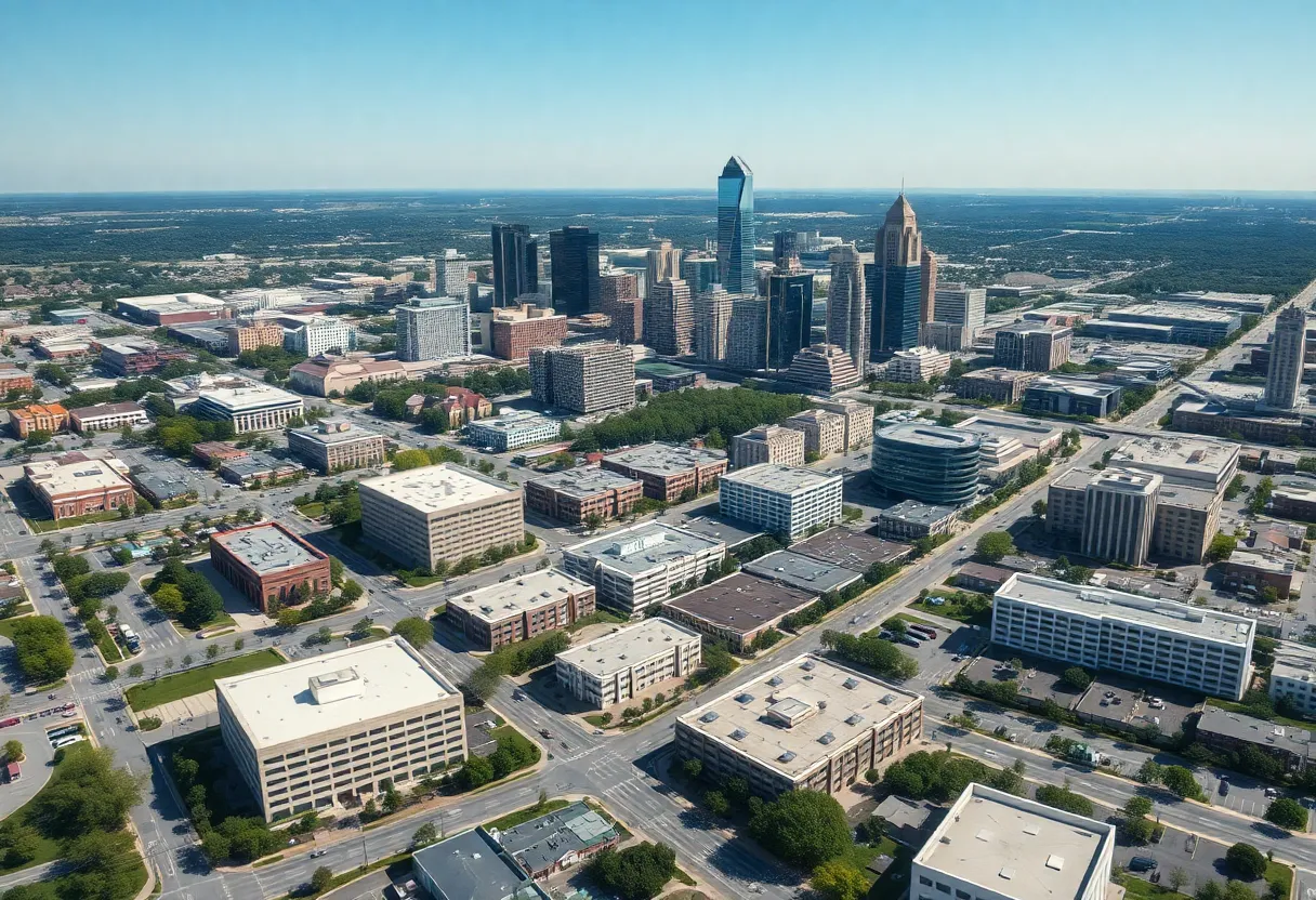 Aerial view of Dallas with new urban developments