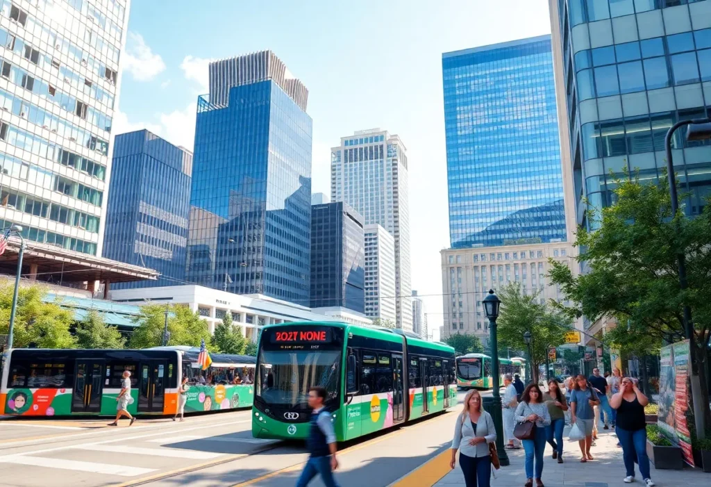 Aerial view of Dallas highlighting urban developments including transportation, renewable energy, and community housing.