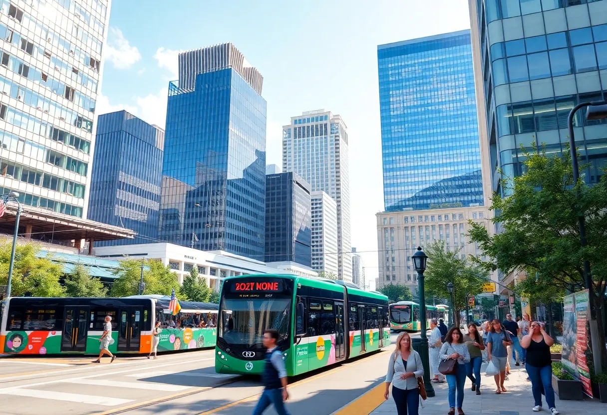 Aerial view of Dallas highlighting urban developments including transportation, renewable energy, and community housing.
