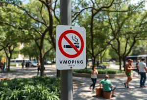 Sign indicating no smoking or vaping in a public area in Dallas