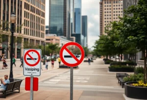 Dallas cityscape showing prohibited vaping areas with signage