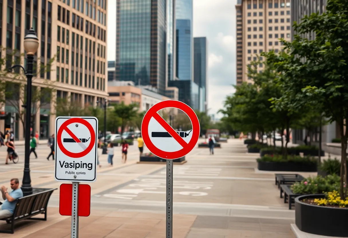 Dallas cityscape showing prohibited vaping areas with signage