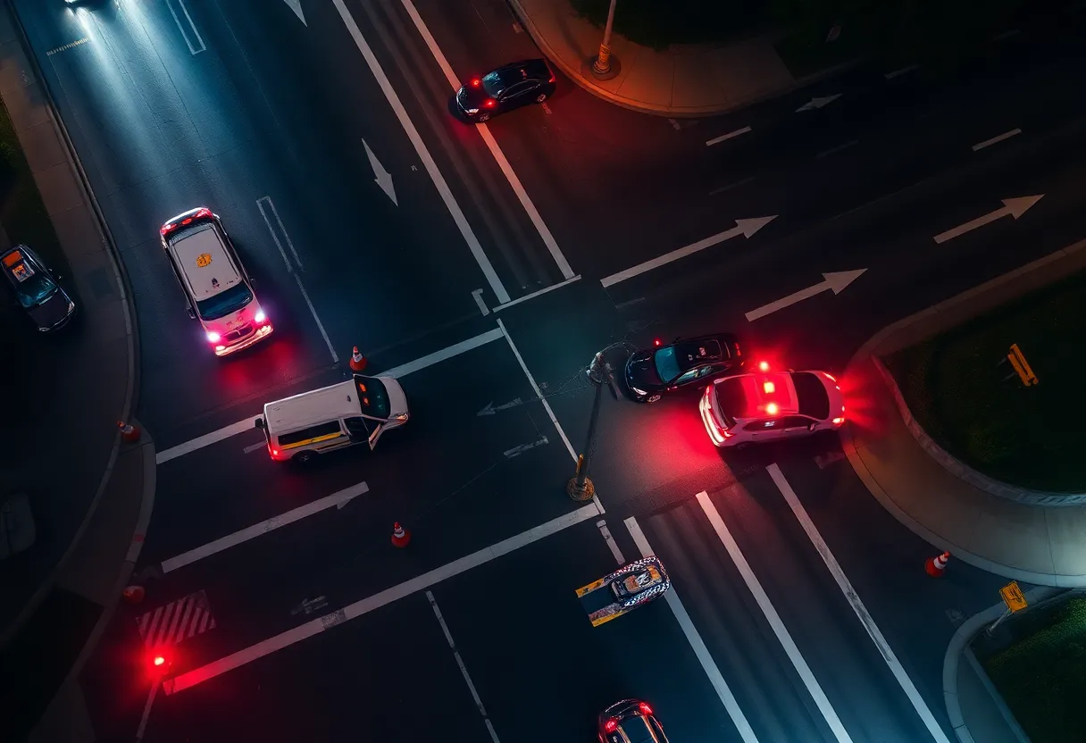 Emergency vehicles responding to a vehicle collision at E Laureland Rd and S R.L. Thornton Freeway