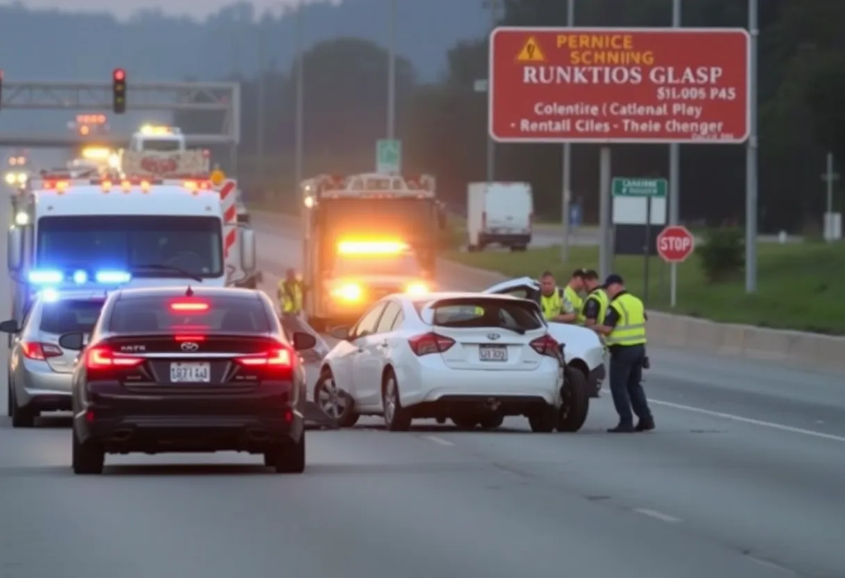 A vehicle collision scene on LBJ Freeway in Dallas with emergency responders at work.