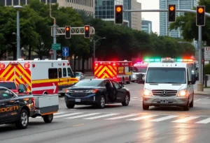 Emergency responders at a vehicle collision scene in Dallas