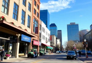 Dallas city scene with holiday decorations under a clear sky
