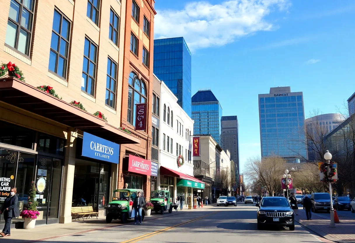 Dallas city scene with holiday decorations under a clear sky