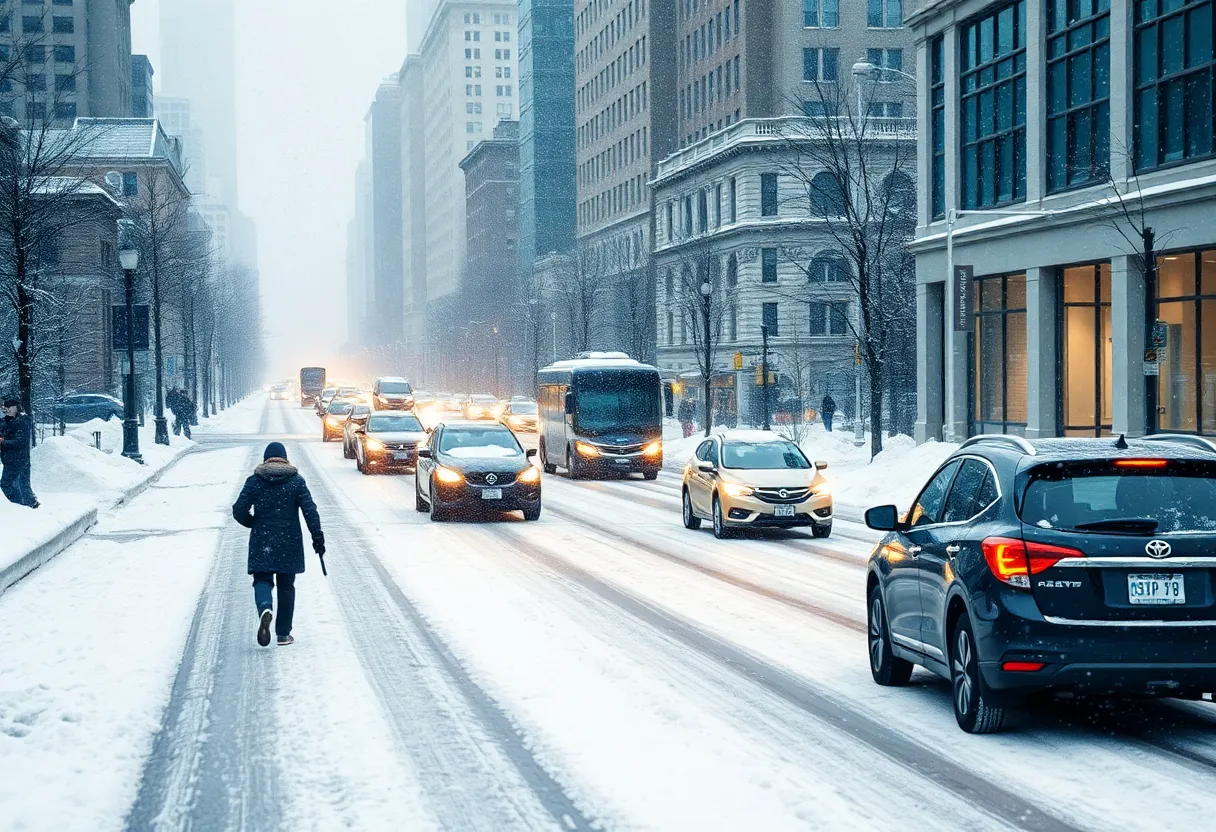 A snowy street in Dallas during winter weather advisory