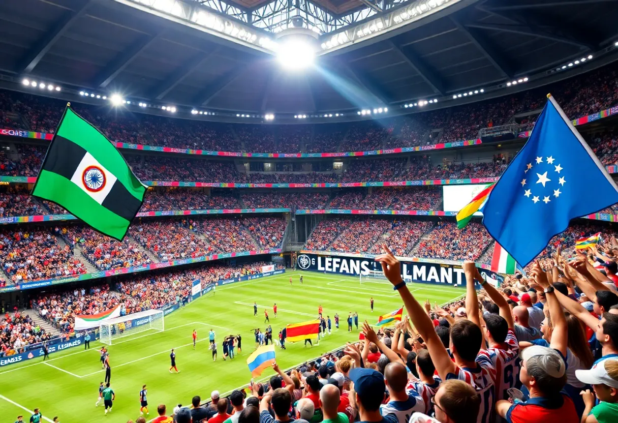 Fans cheering in a soccer stadium during the FIFA World Cup