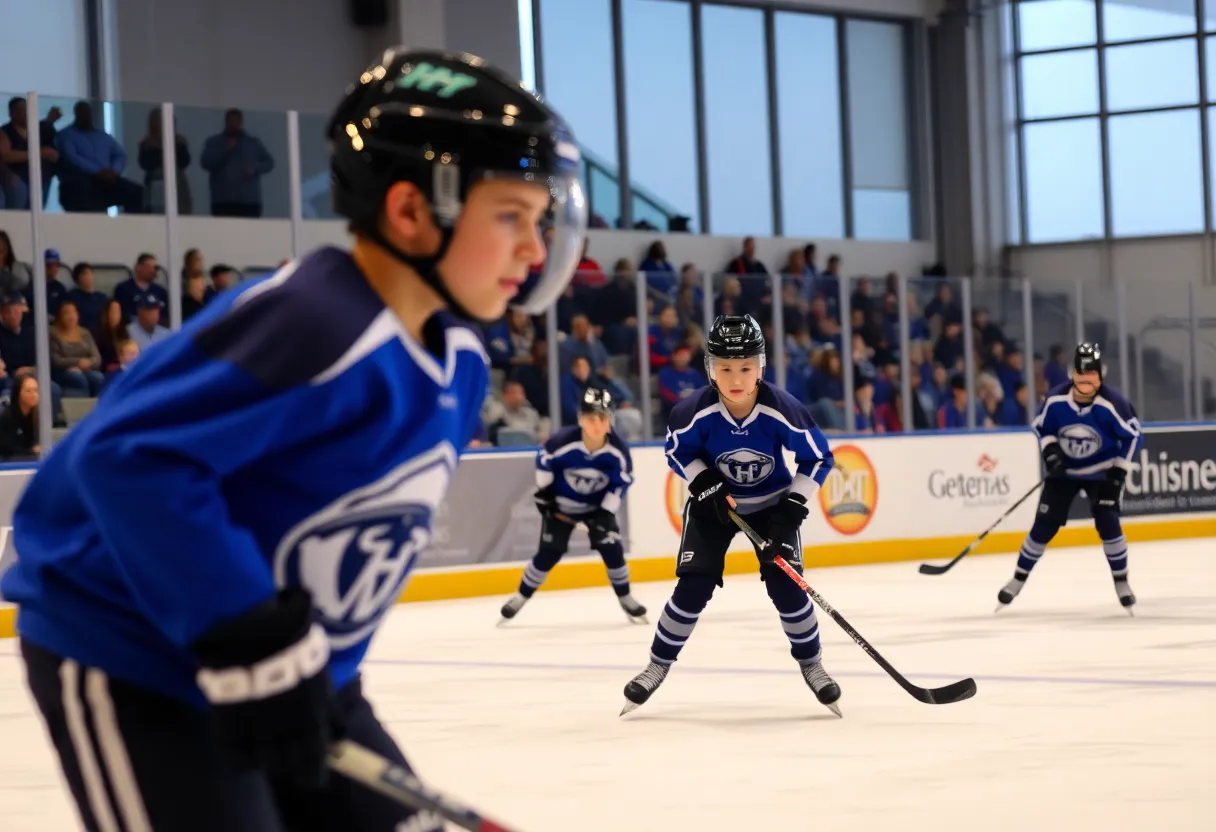 Young hockey players on ice during a game in Dallas.