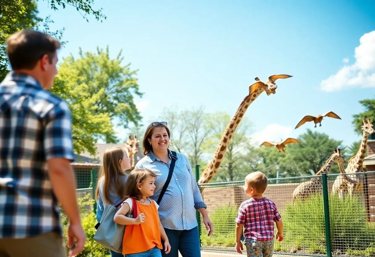 Family at Dallas Zoo exploring educational exhibits under bright blue sky.