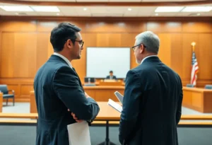 Courtroom scene depicting legal proceedings regarding a sexual harassment case.