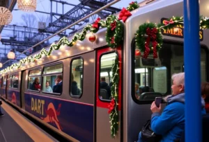 DART train decorated for the holidays with passengers inside.