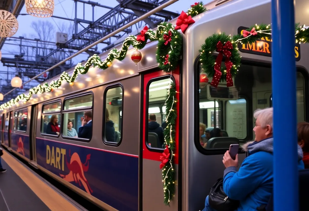 DART train decorated for the holidays with passengers inside.