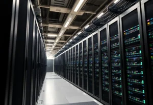 Interior view of a high-tech data center with servers and computing equipment