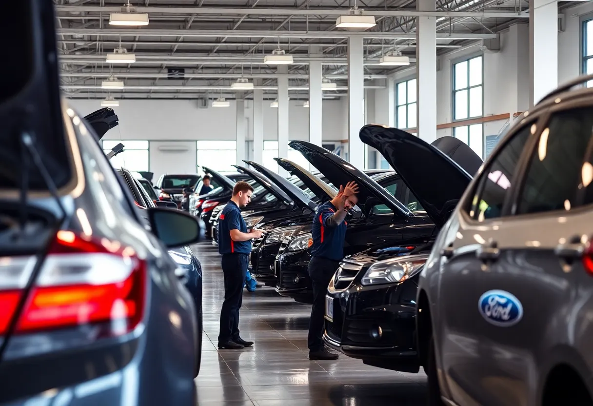 Technicians working in an automotive service department