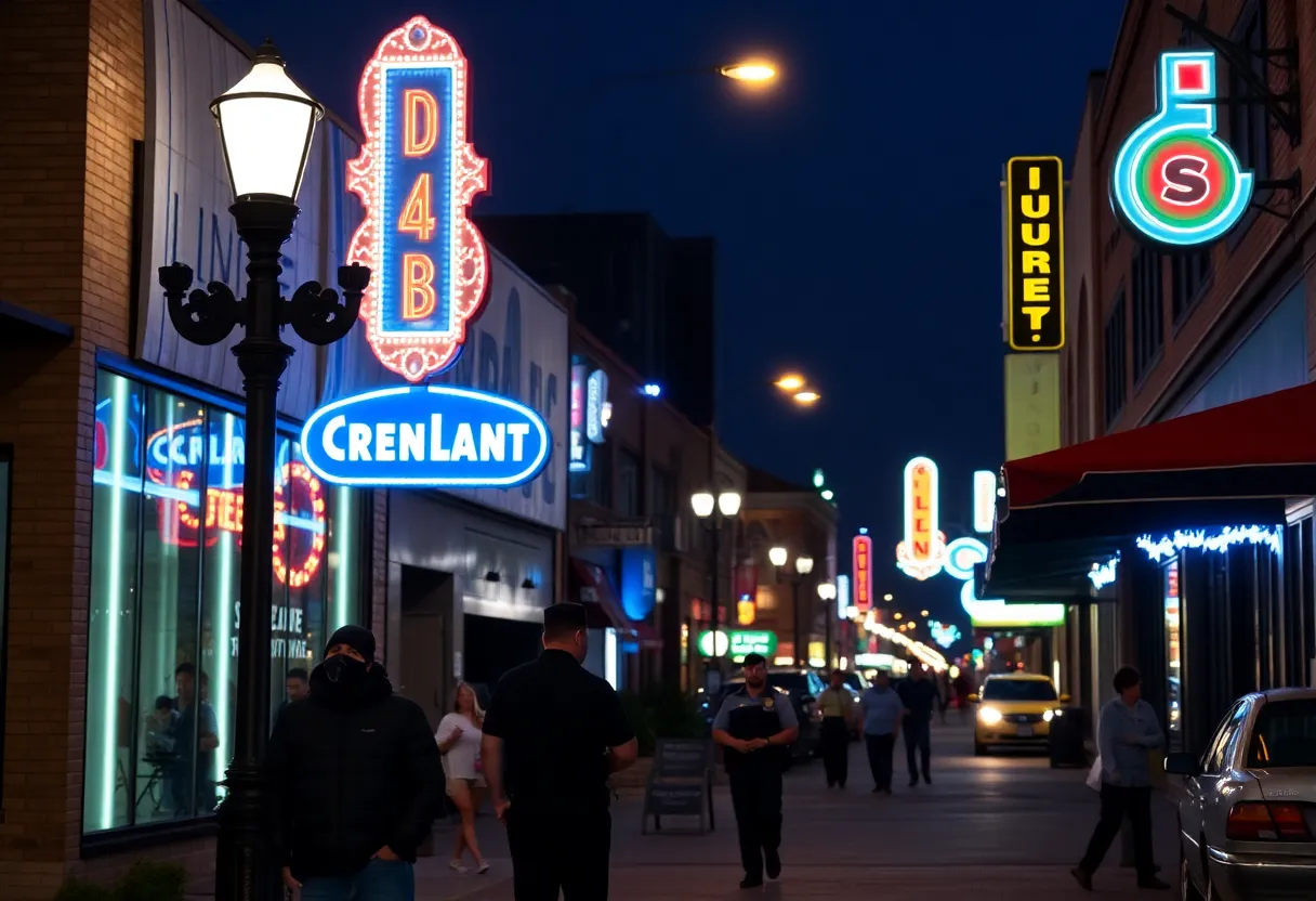 Vibrant street scene in Deep Ellum highlighting community safety measures.