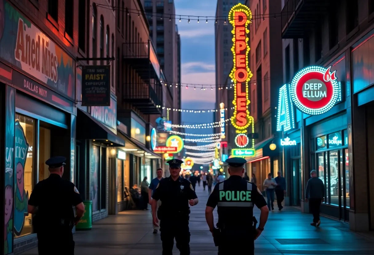 Vibrant street scene in Deep Ellum, Dallas with police patrols
