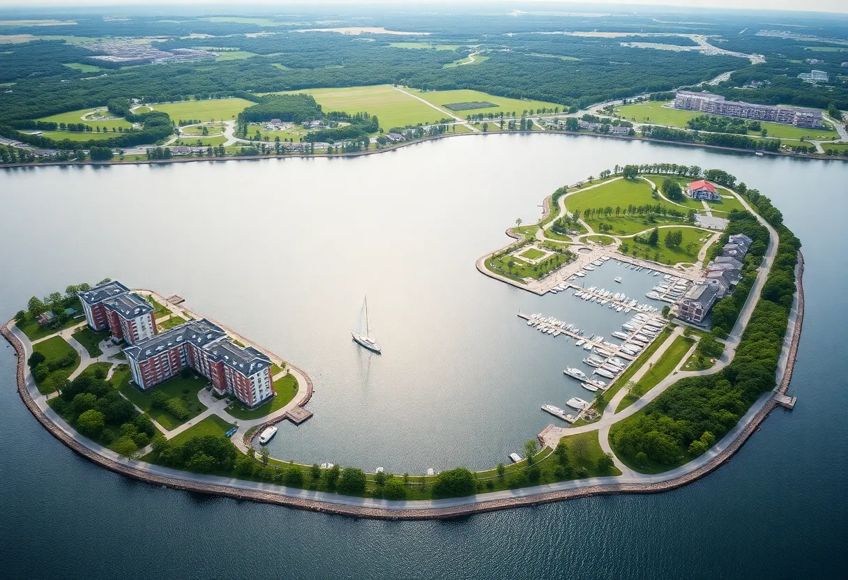 A scenic view of the Preston Harbor development in Denison, Texas along Lake Texoma
