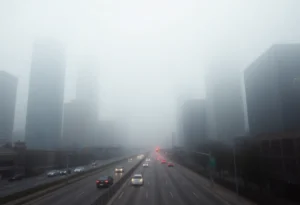 Dense fog enveloping the Dallas skyline