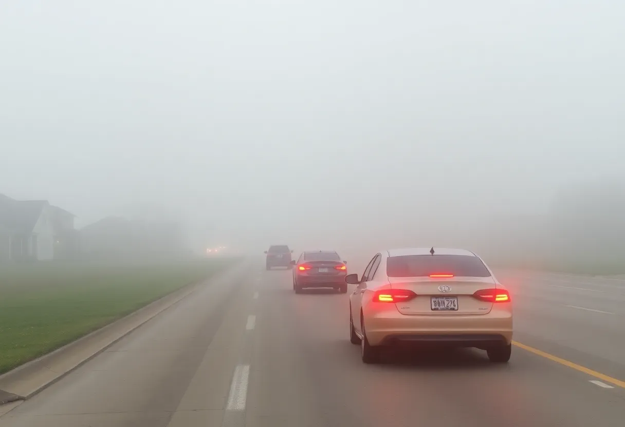 Dense fog enveloping a street in the Dallas-Fort Worth area, with low visibility conditions.