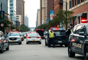 Police officers on an urban street in Denton, Texas