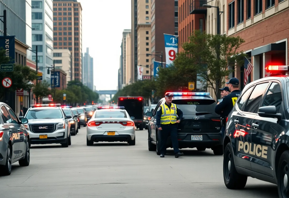 Police officers on an urban street in Denton, Texas