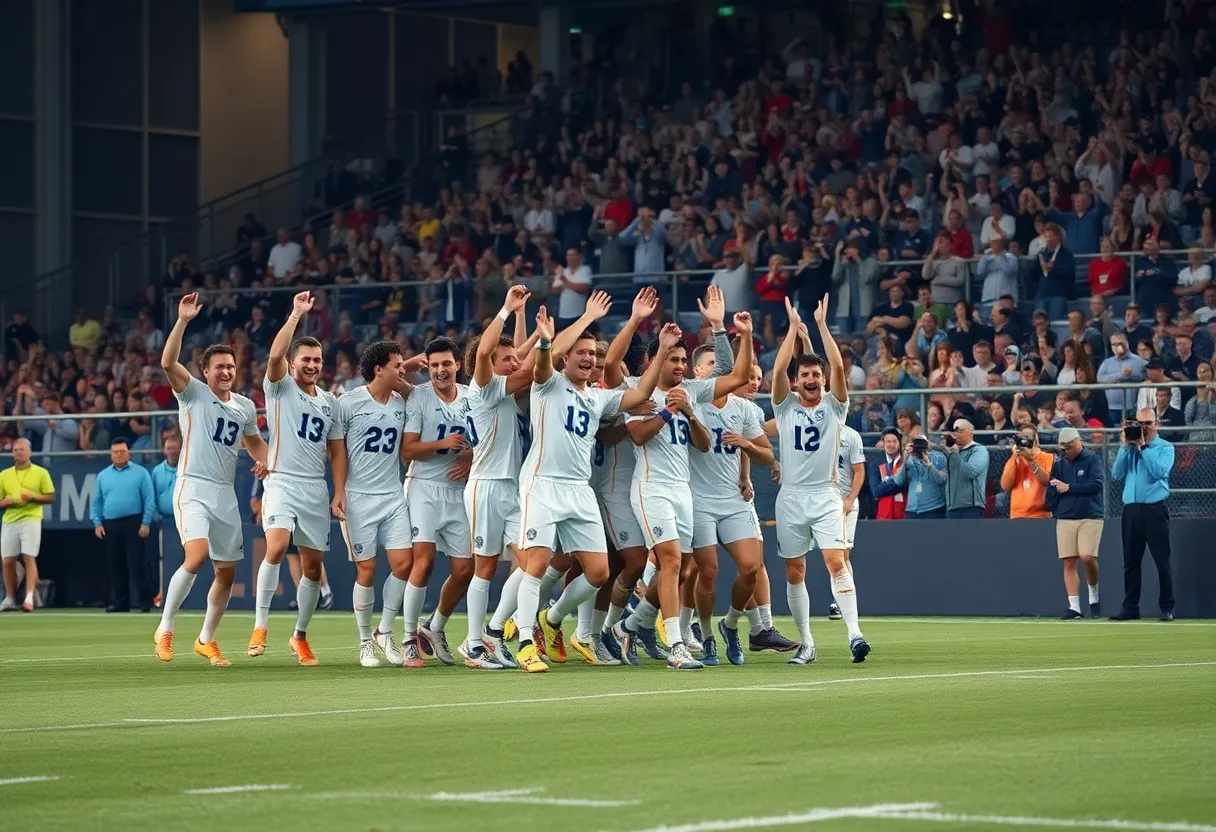Detroit Lions team celebrates a win on the field with cheering fans.
