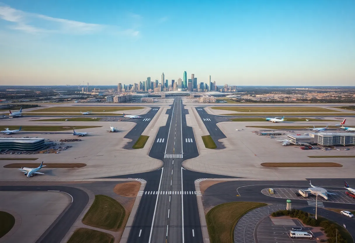 Aerial view showing DFW Airport with planes, taxiways, and Dallas skyline.