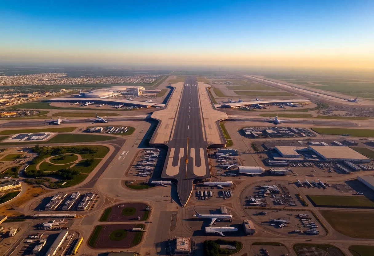 Aerial view of DFW Airport with busy terminals and flights taking off