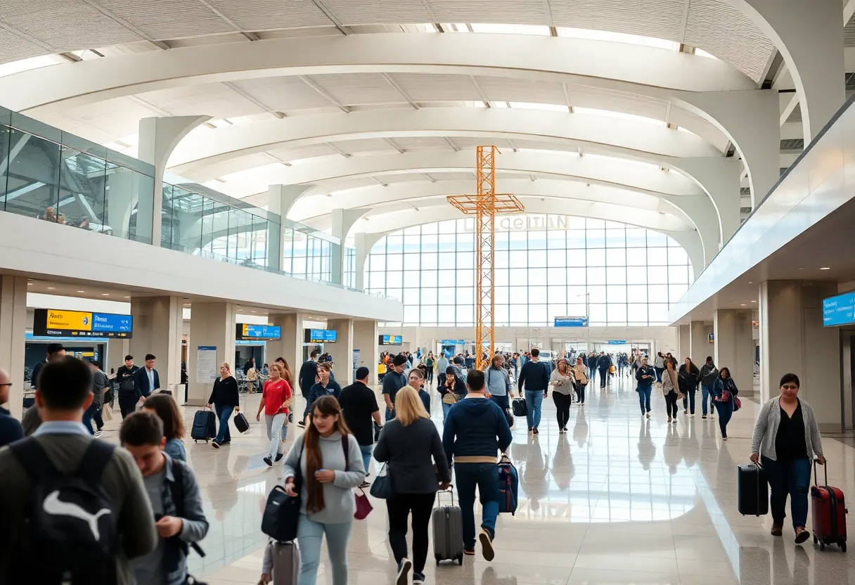 Construction and expansion of DFW Airport Terminal with passengers and modern amenities.