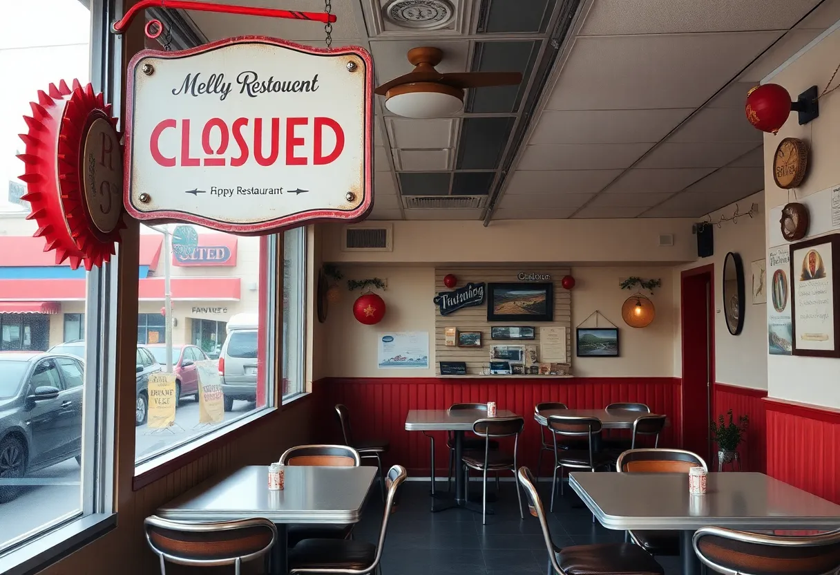 The closed Dick's Last Resort restaurant in Dallas with empty tables and a quirky sign.