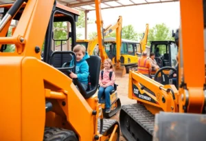 Families enjoying Dig World Adventure Park in Grapevine, Texas, operating construction equipment.