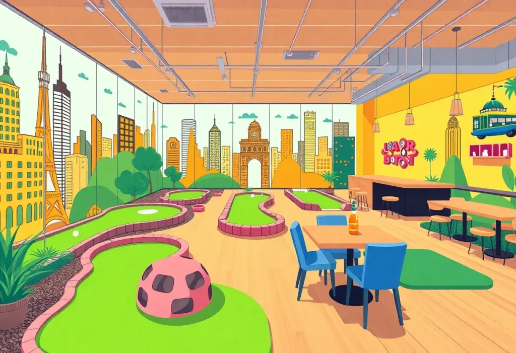 Indoor mini-golf course at Dirdie Birdie with themed holes