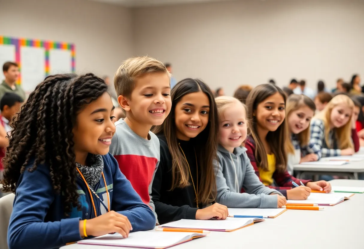 Students from diverse backgrounds participating in a spelling bee competition