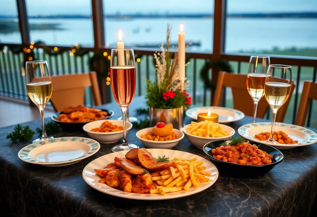 Table set for New Year’s Eve at Dodie’s Cajun Diner with Cajun dishes and champagne