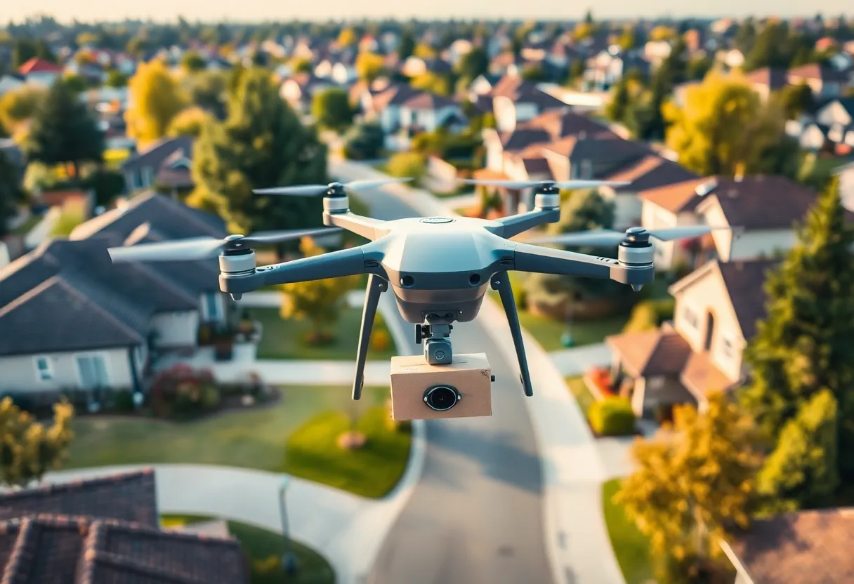 A drone delivering packages in a residential area of Richardson, Texas.