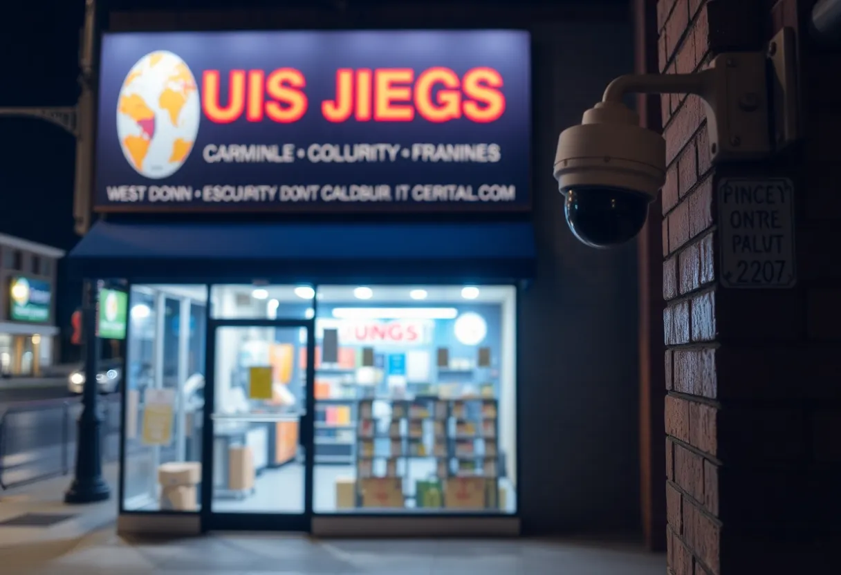 Quiet East Dallas business at night with visible security measures.