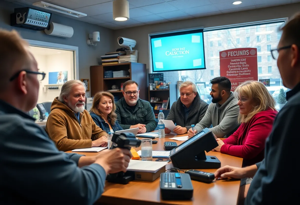 Business owners in East Dallas discussing security enhancement.