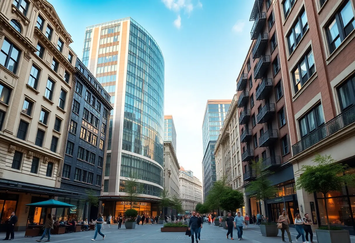 A bustling urban scene in the East Quarter district of Dallas showing a blend of historical and modern buildings.