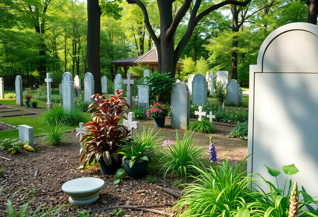 Ecological cemetery with native plants and wildlife habitats.