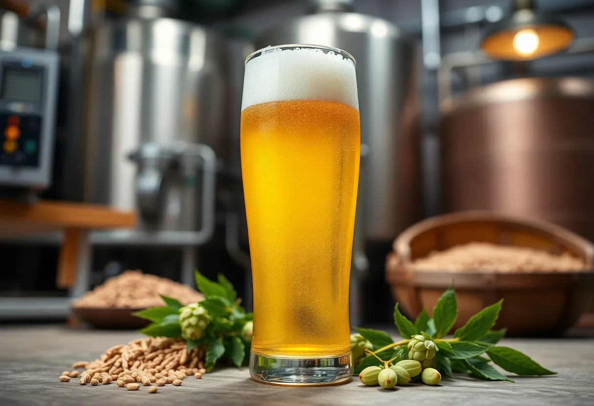 EIGHT beer displayed in a brewery with organic grains and hops