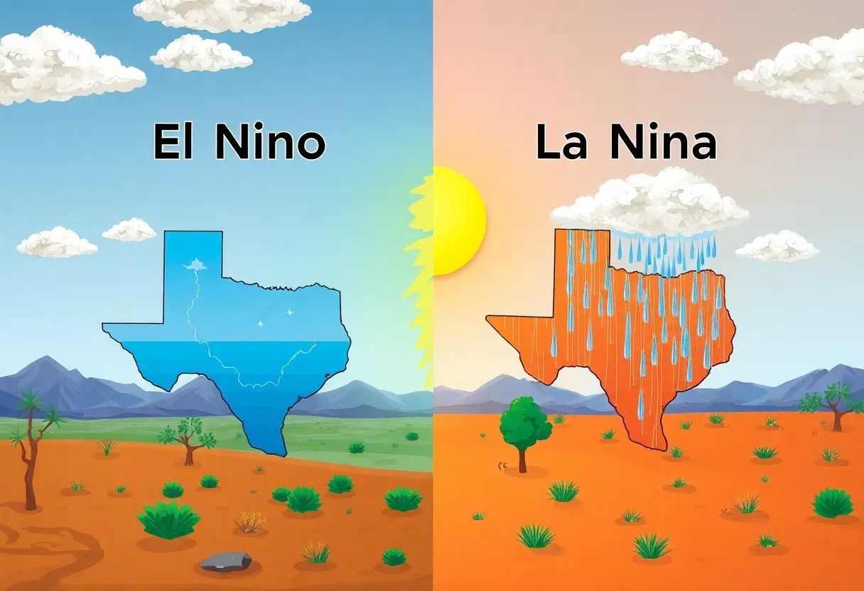 Illustration of contrasting weather effects of El Niño and La Niña on Texas weather patterns.