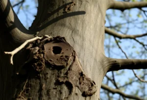 Close-up of an ash tree showing signs of emerald ash borer infestation with exit holes and dead branches.